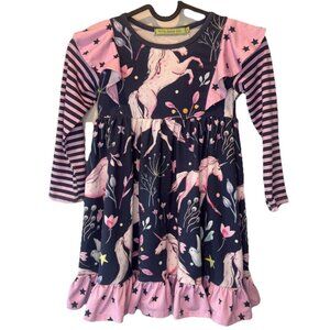 Millie Loves Lily Girls Long Sleeve Unicorn Ruffle Dress Small Colorful Girly